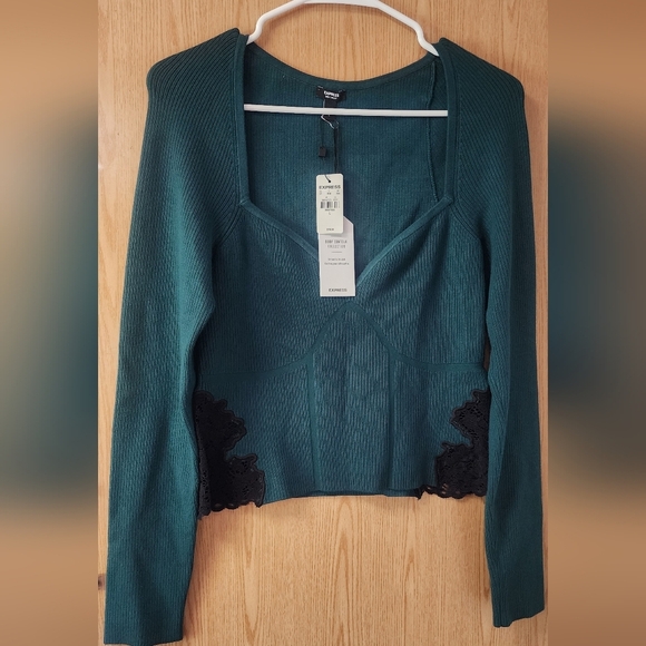 Express Tops - Express Green and Black Flutter Sleeve Crop Blouse